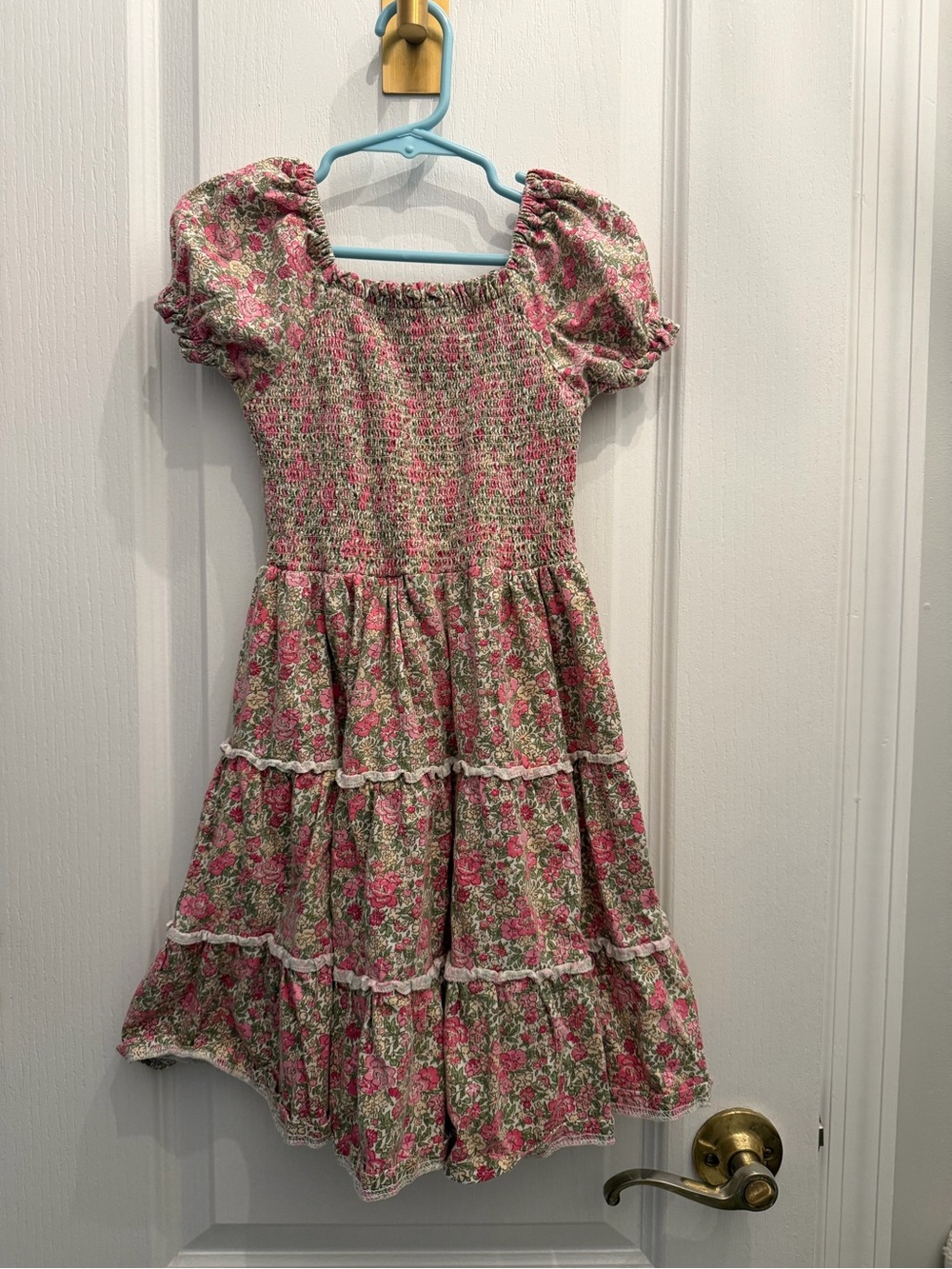 Polo by Ralph Lauren Pink and Green Floral Smocked Puff-Sleeve Dress